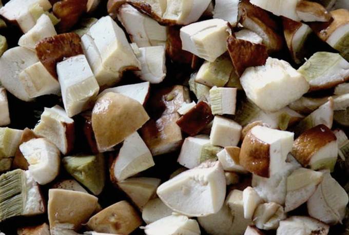 Жареная картошка с белыми грибами на сковороде