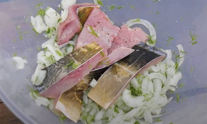 Шашлык из рыбы на шампурах на мангале