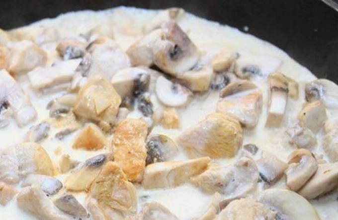 Курица с грибами в сливках на сковороде