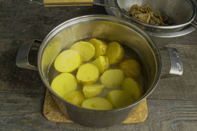 Картошка с грибами и курицей на сковороде