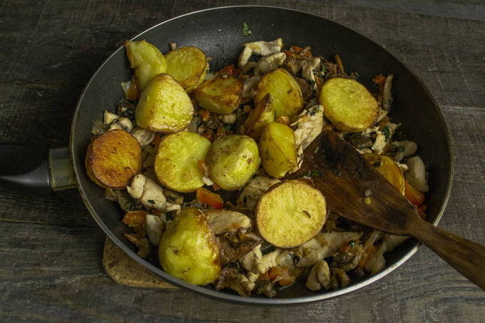 Картошка с грибами и курицей на сковороде