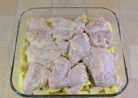 Картошка с курицей на противне в духовке