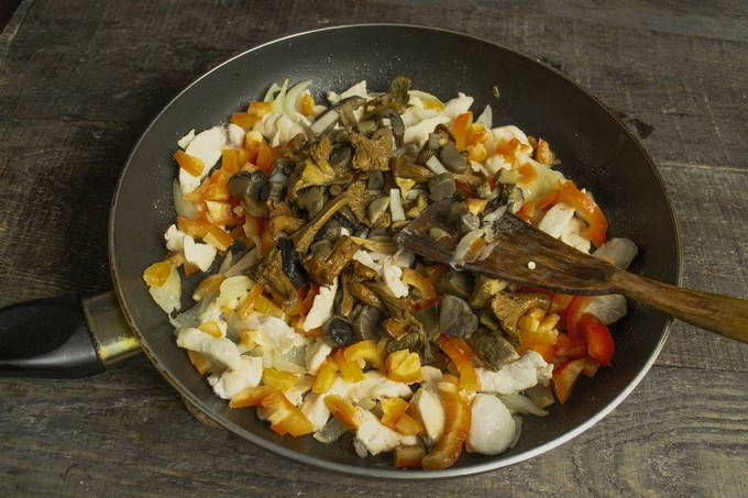 Картошка с грибами и курицей на сковороде