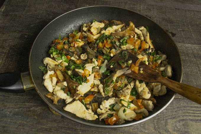 Картошка с грибами и курицей на сковороде
