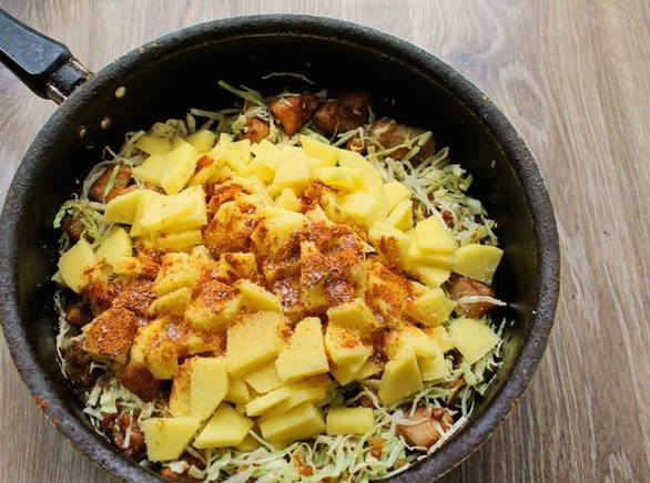 Тушеная капуста с мясом и картошкой на сковороде Тушеная капуста с мясом и картошкой на сковороде