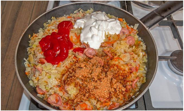Классическая тушеная капуста с сосисками на сковороде Классическая тушеная капуста с сосисками на сковороде