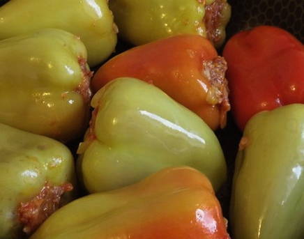 Классический перец, фаршированным мясом и рисом с томатно-сметанной подливкой в кастрюле