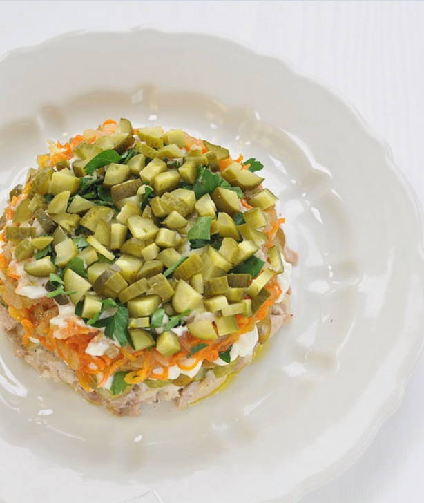 Английский салат с курицей, грибами и солеными огурцами