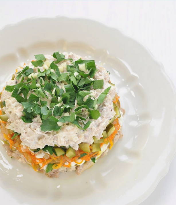 Английский салат с курицей, грибами и солеными огурцами