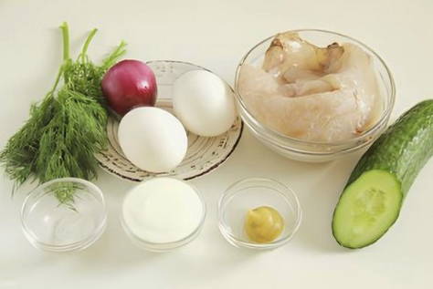 ПП салат с кальмаром, яйцом и огурцом