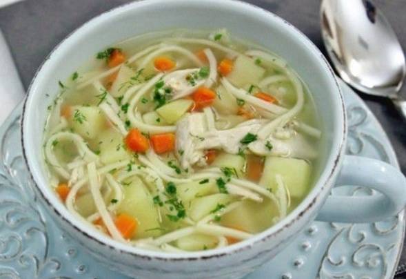 Суп из курицы с лапшой, картошкой, морковью и луком