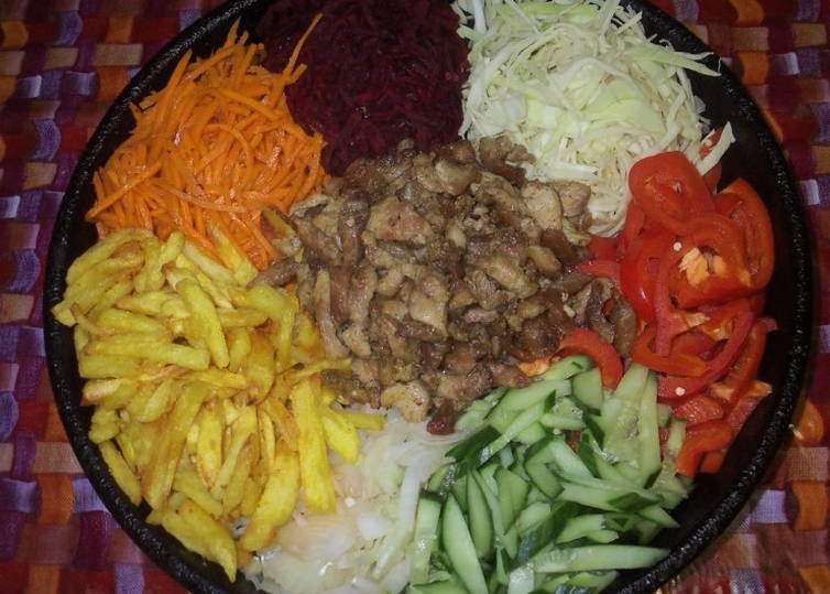 Салат «Козел в огороде» с мясом и жареной картошкой