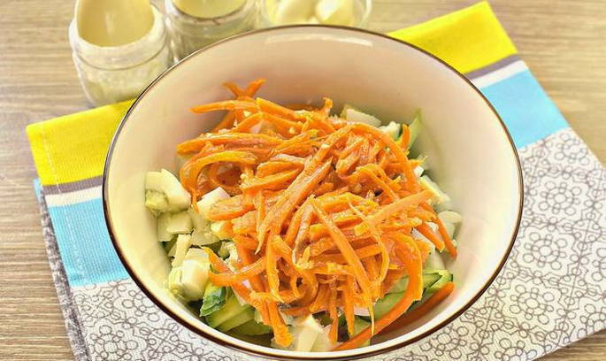 Салат с ветчиной, корейской морковью и огурцом